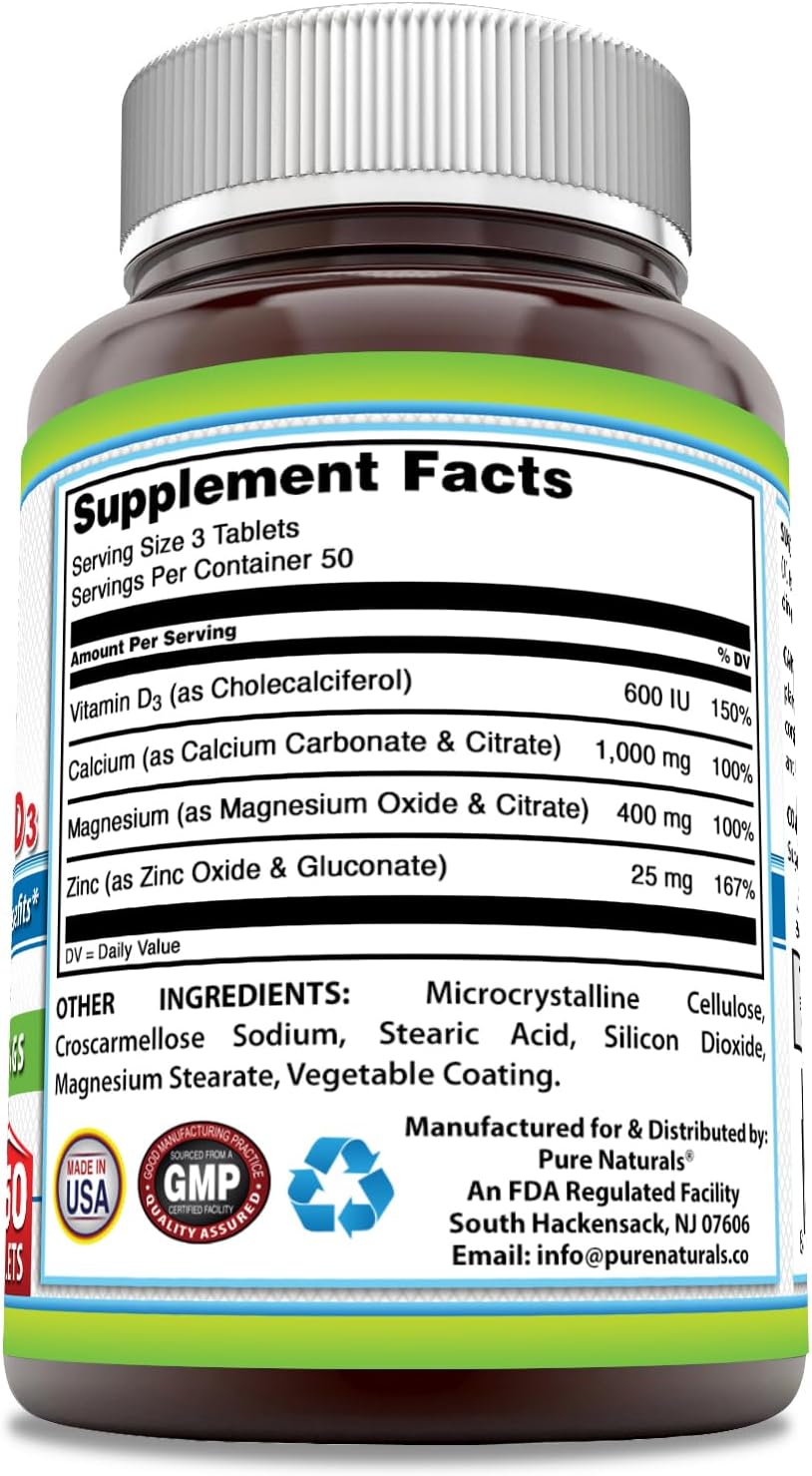 Pure Naturals Calcio, Magnesio, Zinc y Vitamina D3 - 150 Comprimidos