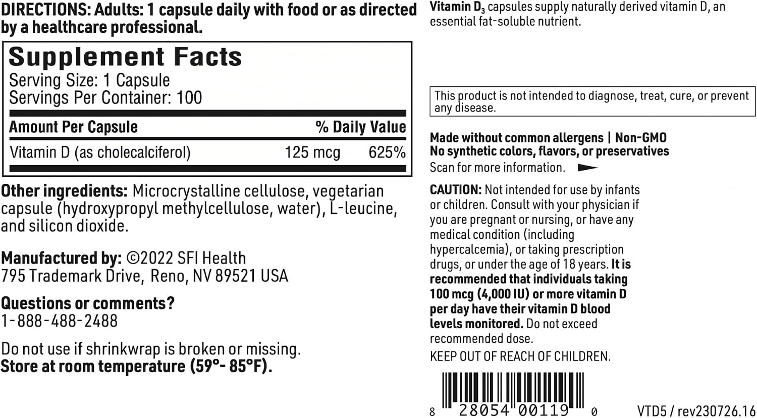 Klaire Labs SFI Health Vitamina D3 5000 UI - Alta Potencia - 125 mcg - Hipoalergénico - 100 Cápsulas