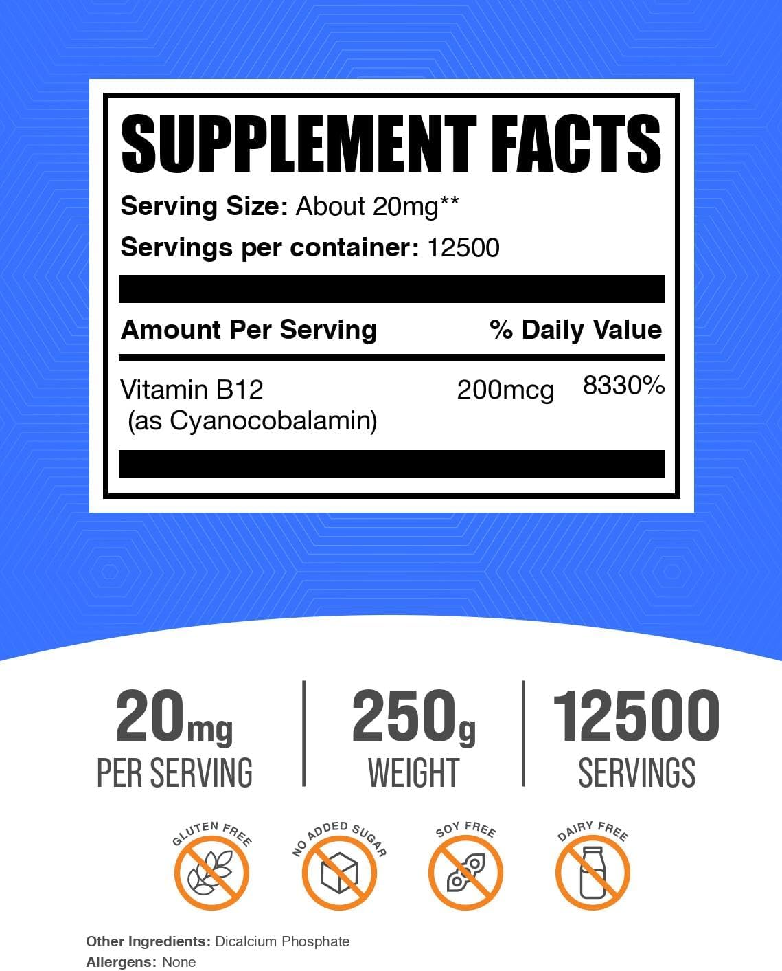 Vitamin B12 Powder (Cyanocobalamin) 250g - BulkSupplements.com