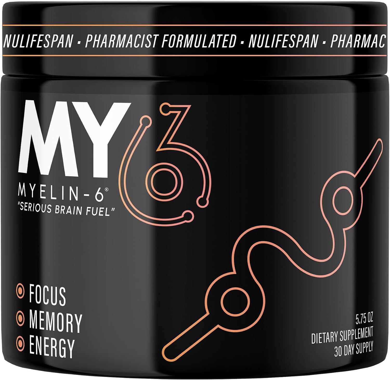 Myelin-6 Drink Mix - Suplemento para la concentración y salud cerebral con AlphaSize, L-Theanine, Teacrine, sabor naranja mandarina, 30 días