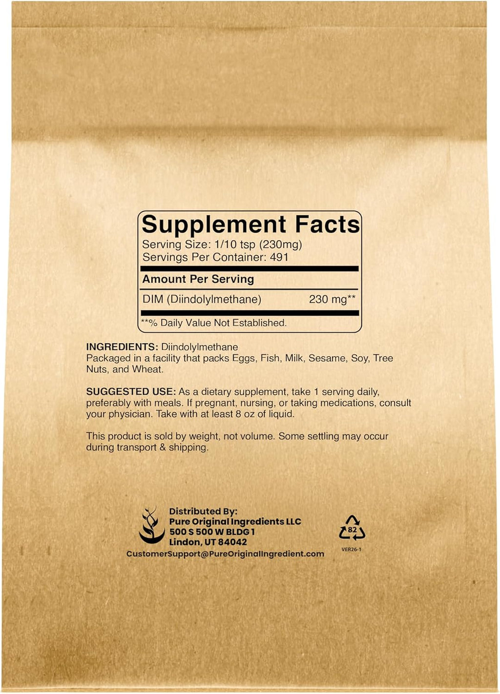 PURE ORIGINAL INGREDIENTS DIM, 113 g, Diindolilmetano en Polvo, Complemento Alimenticio, Sin Aditivos, Siempre Puro