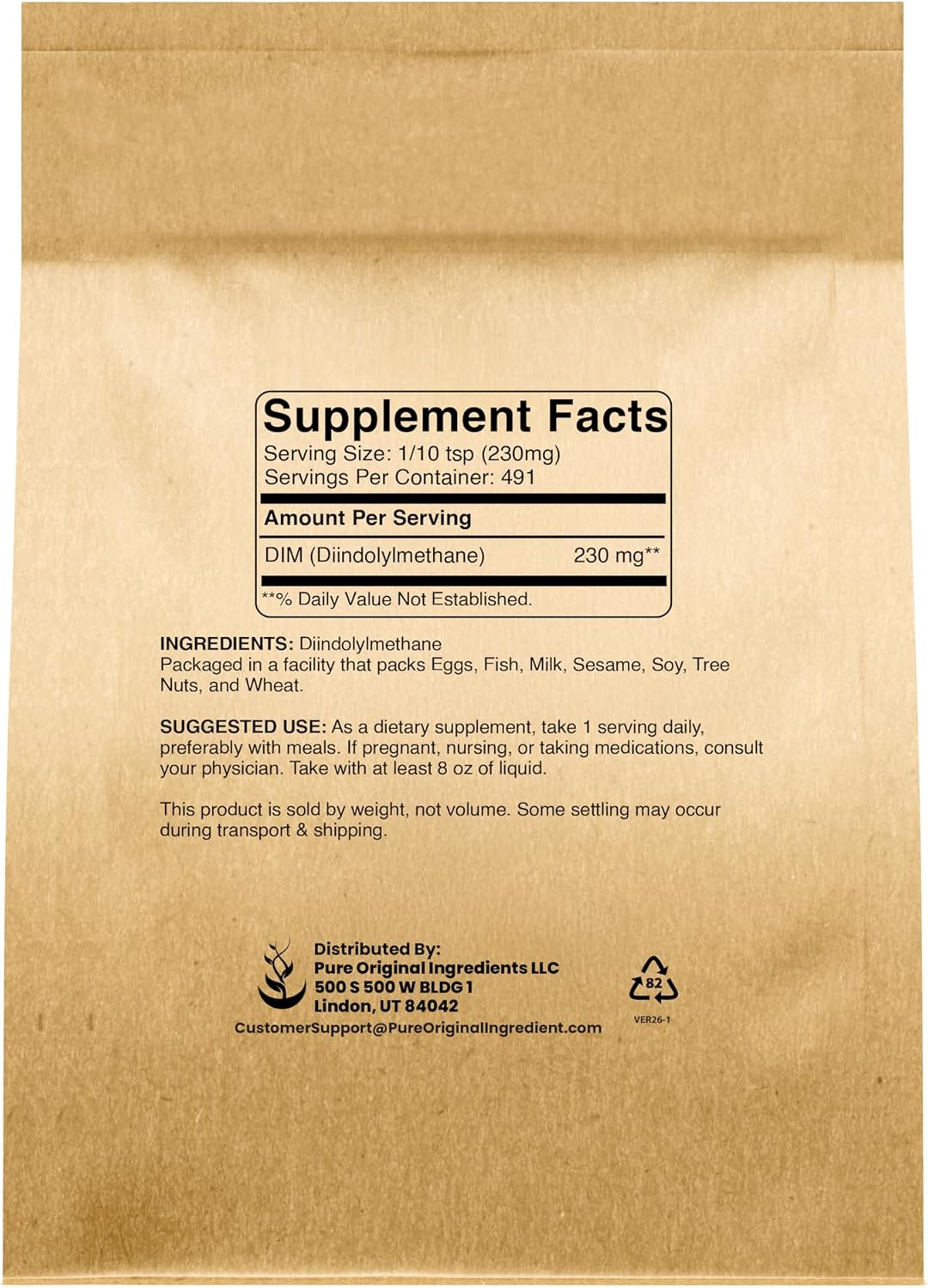 PURE ORIGINAL INGREDIENTS DIM, 113 g, Diindolilmetano en Polvo, Complemento Alimenticio, Sin Aditivos, Siempre Puro
