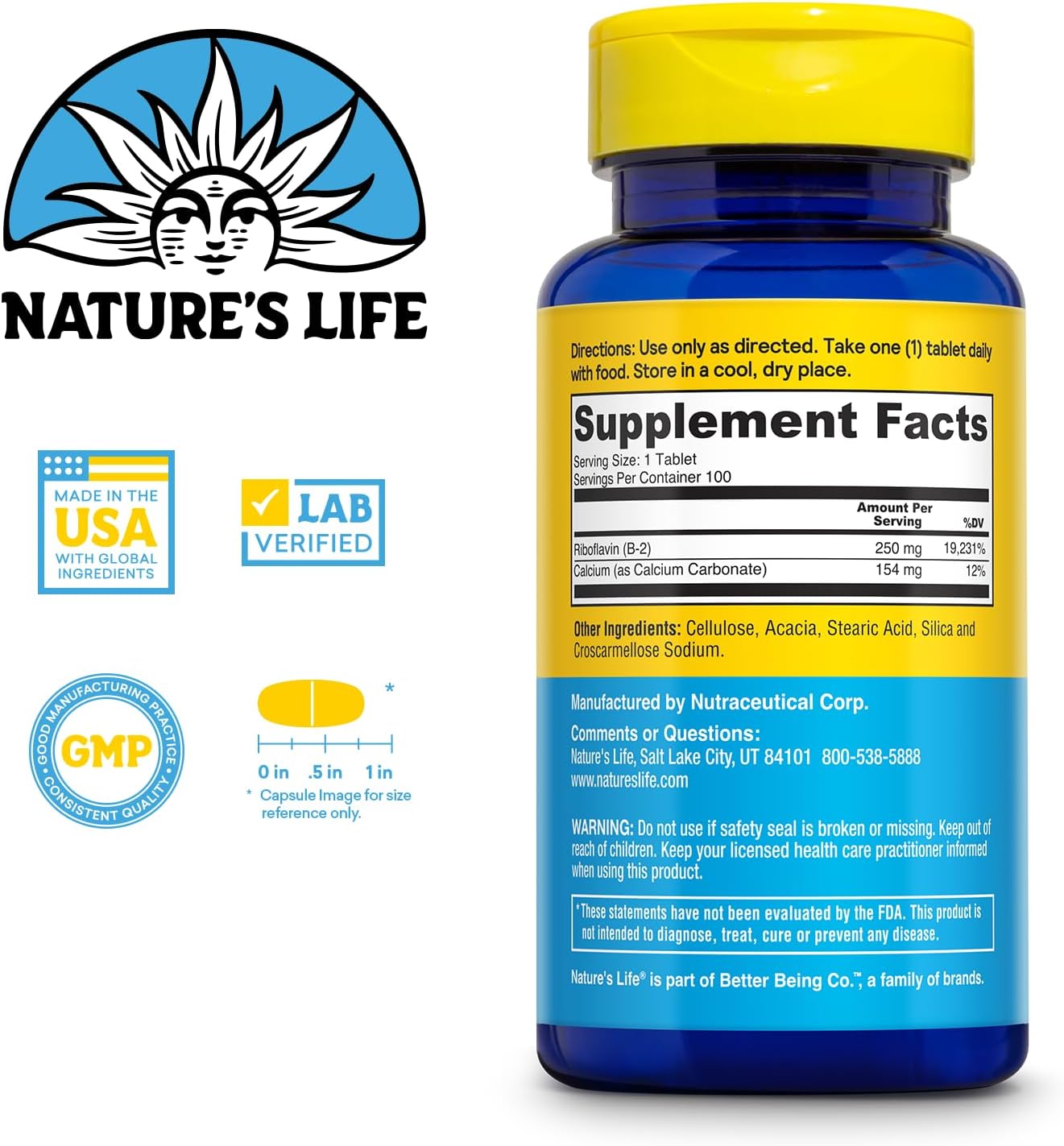 Nature's Life Vitamina B-2 250 mg - Riboflavina de Alta Potencia - 100 Comprimidos