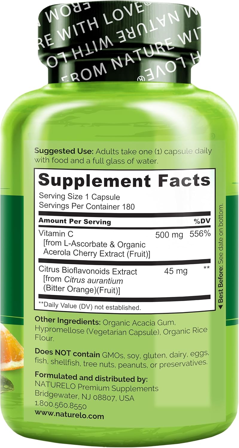 NATURELO Vitamina C con Extracto Orgánico de Acerola y Bioflavonoides Cítricos - Suplemento Vegano - 500 mg por Cápsula - 180 Cápsulas (Paquete de 2)