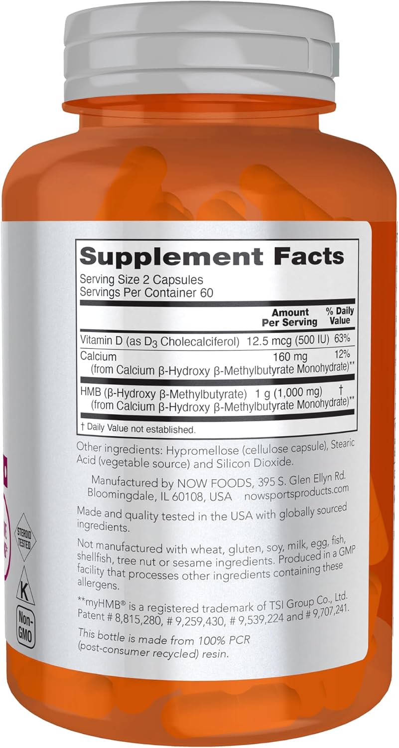 NOW Foods Nutrición Deportiva HMB (β-Hidroxi β-Metilbutirato) 500 mg, 120 Cápsulas Veganas
