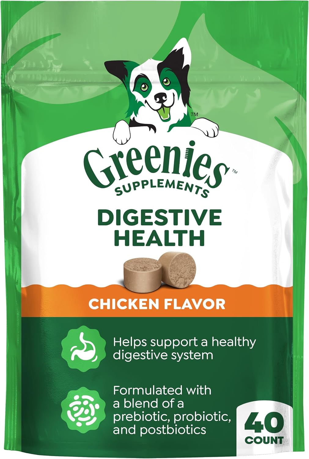 Greenies Suplementos Salud Digestiva con Probióticos para Perros - Masticables Suaves Sabor a Pollo, 40 unidades