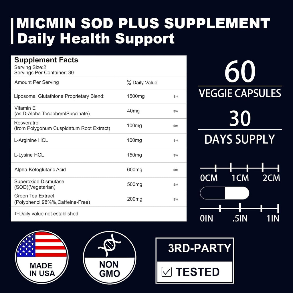 NICMIN 500MG Superóxido Dismutasa con Glutatión Liposomal, AKG, Extracto de Té Verde, L-Arginina, Lisina, Resveratrol y Vitamina E - 120 Cápsulas