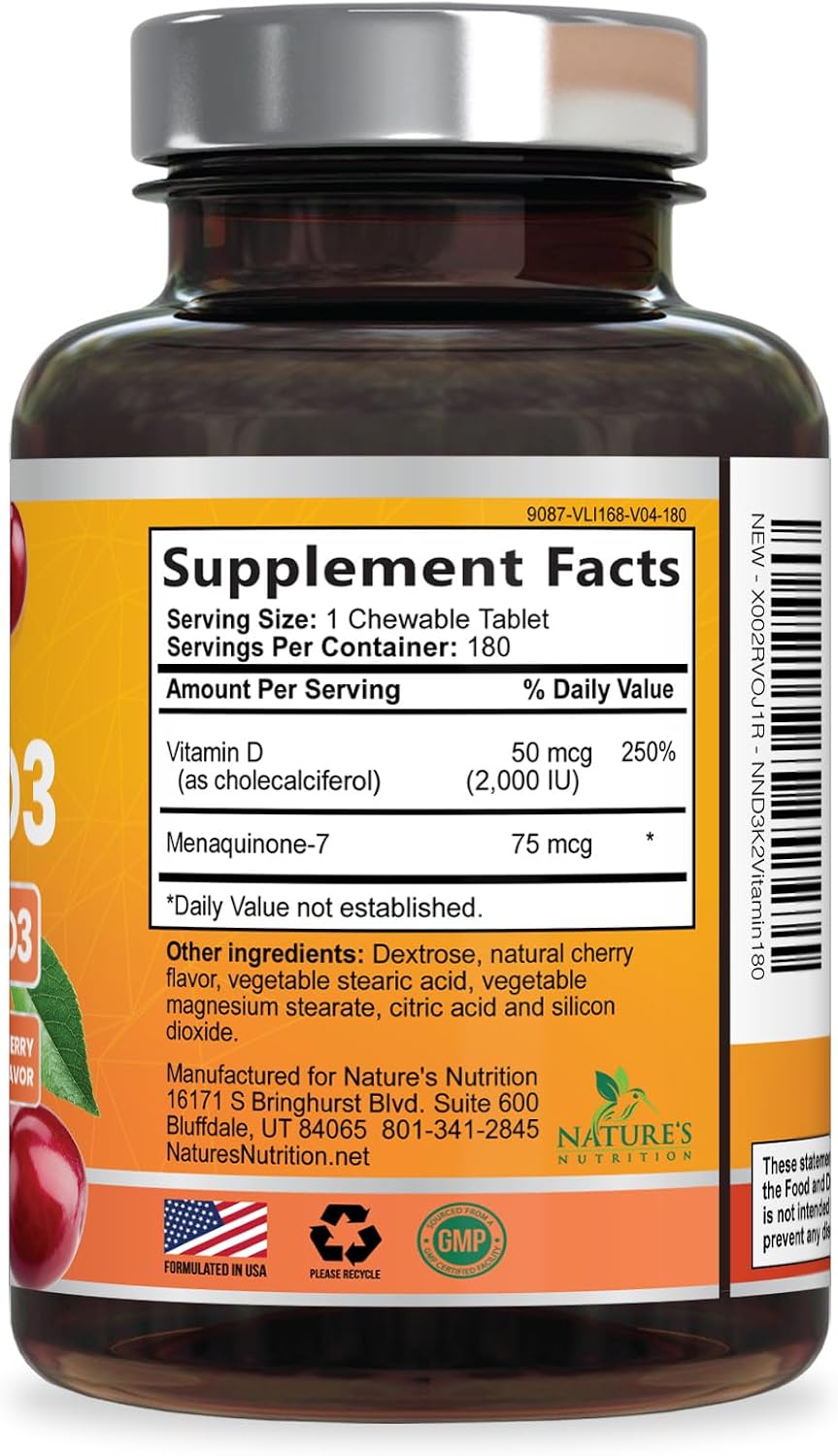 Vitamina D3 y K2 2000 UI MK-7, 180 comprimidos masticables sabor a bayas - Nature's Nutrition