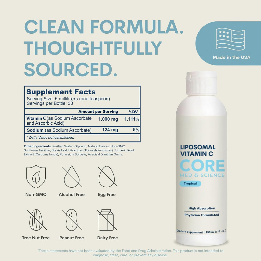 Core Med Science Liposomal Vitamin C Liquid 1000mg – Physician Developed, High Absorption to Support Immunity, Collagen & Skin Health – Quali-C Ascorbic Acid, 5 Fl Oz. 30 Servings, Made in USA