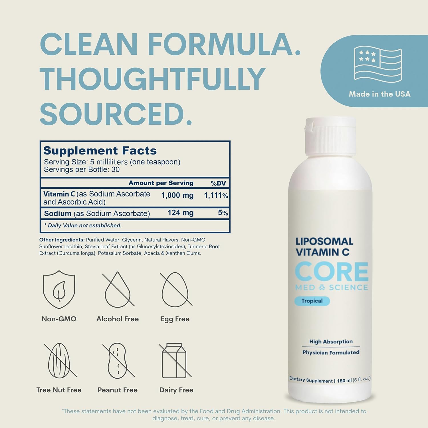 Core Med Science Liposomal Vitamin C Liquid 1000mg – Physician Developed, High Absorption to Support Immunity, Collagen & Skin Health – Quali-C Ascorbic Acid, 5 Fl Oz. 30 Servings, Made in USA