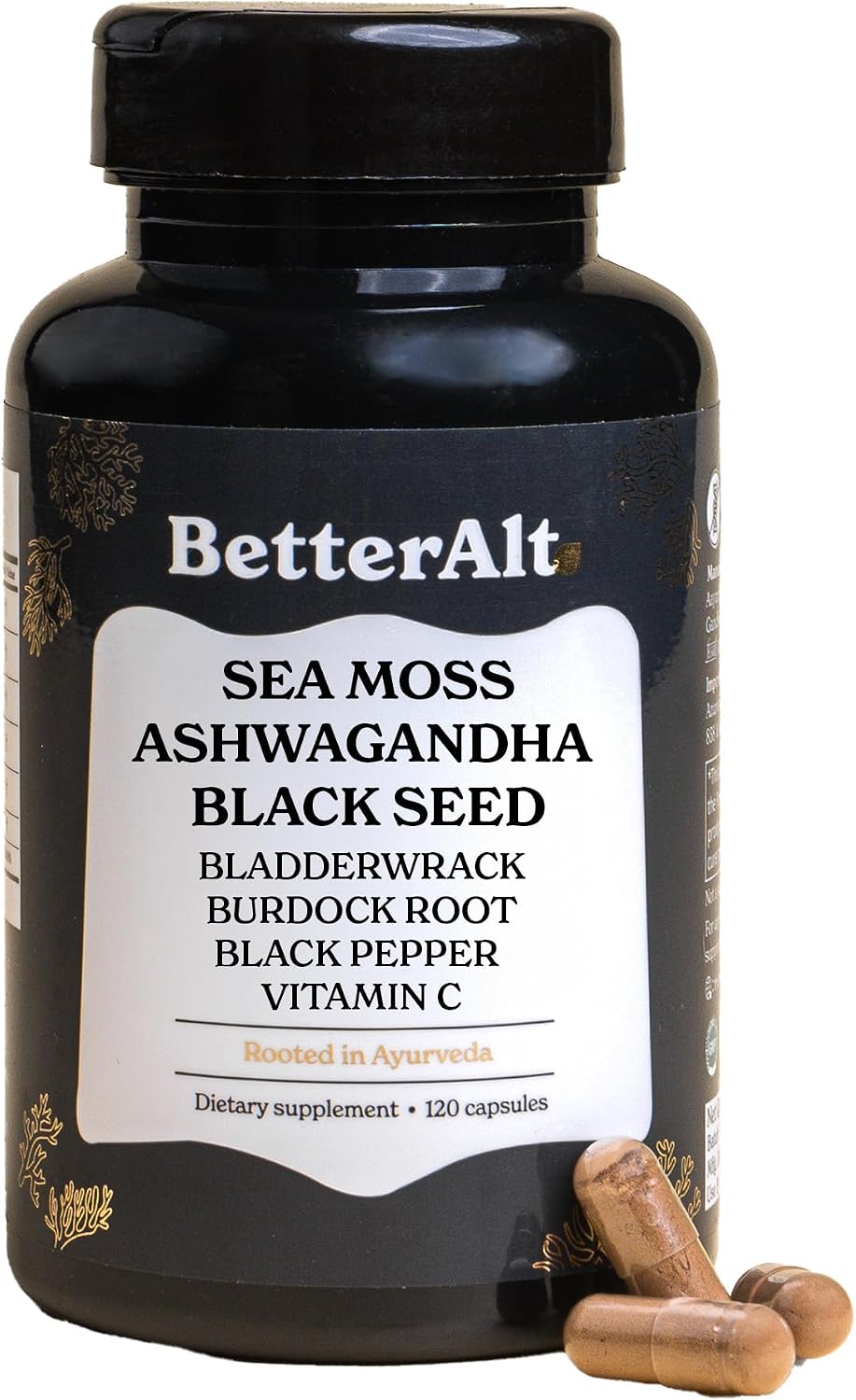 Better Alt Complejo de Sea Moss, Aceite de Semilla Negra, Ashwagandha, Bardana y Bladderwrack con Vitamina C y Pimienta Negra | 120 Cápsulas