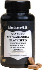 Better Alt Complejo de Sea Moss, Aceite de Semilla Negra, Ashwagandha, Bardana y Bladderwrack con Vitamina C y Pimienta Negra | 120 Cápsulas