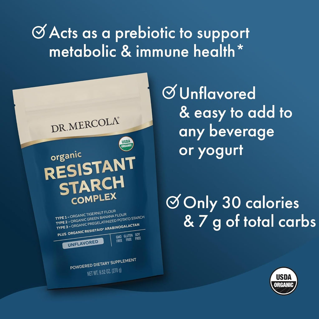 Dr. Mercola Complexe Orgánico de Almidón Resistente – Salud Intestinal e Inmunitaria – Plátano Verde, Harina de Chufa y Patata – Sin Gluten y Sin Soja – 270 g (30 raciones)