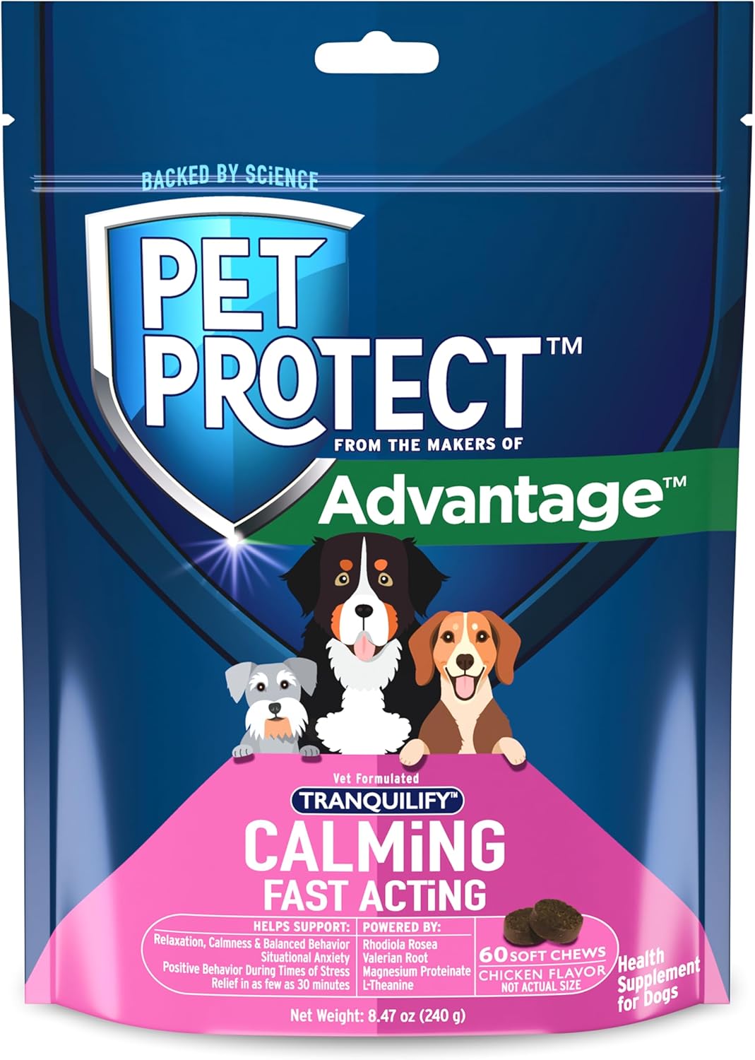 Pet Protect Tranquilify - Suplemento Calmante de Acción Rápida para Perros, Masticables Sabor Pollo (60 unidades)