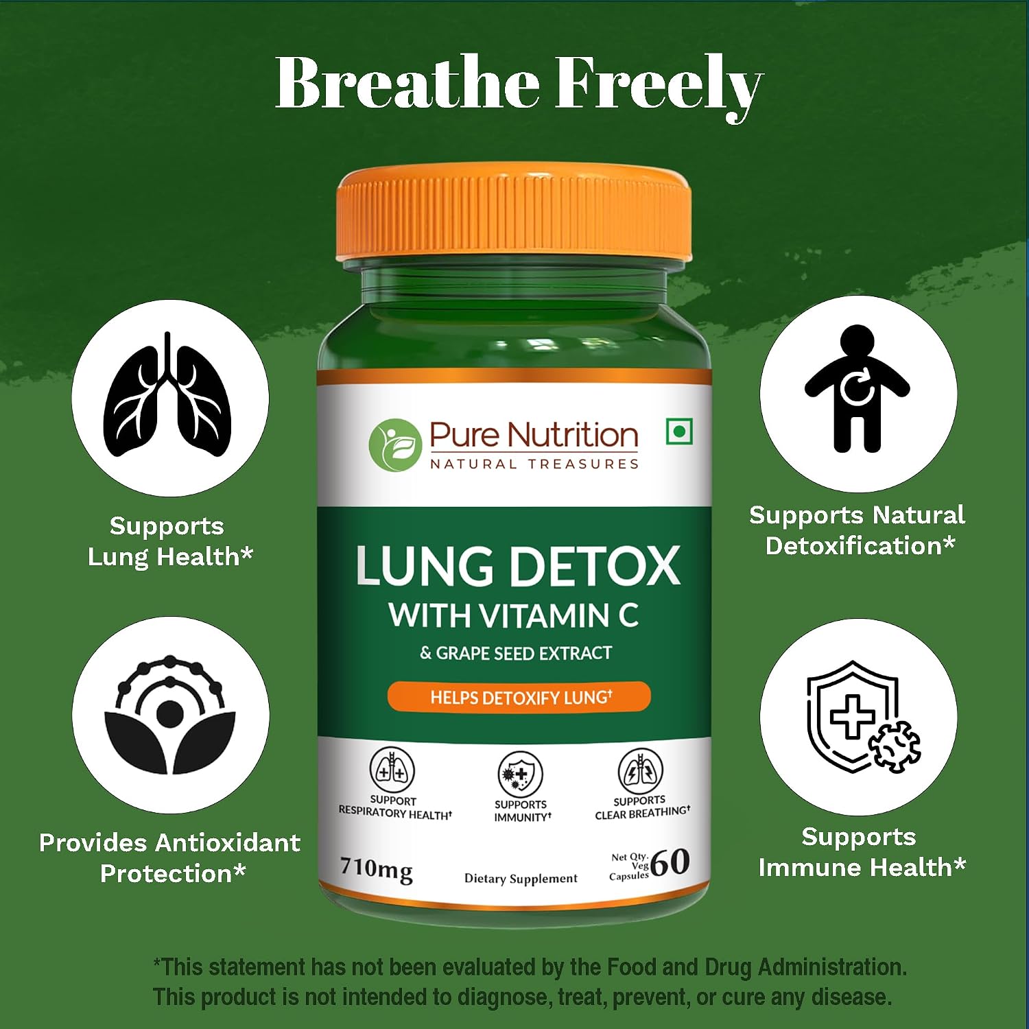 Pure Nutrition Lung Health Supplement | 60 Cápsulas | Fórmula Herbal de Apoyo Pulmonar con Quercetina, Vitamina C, Ortiga, Vasaka, Loto, Regaliz y Jengibre