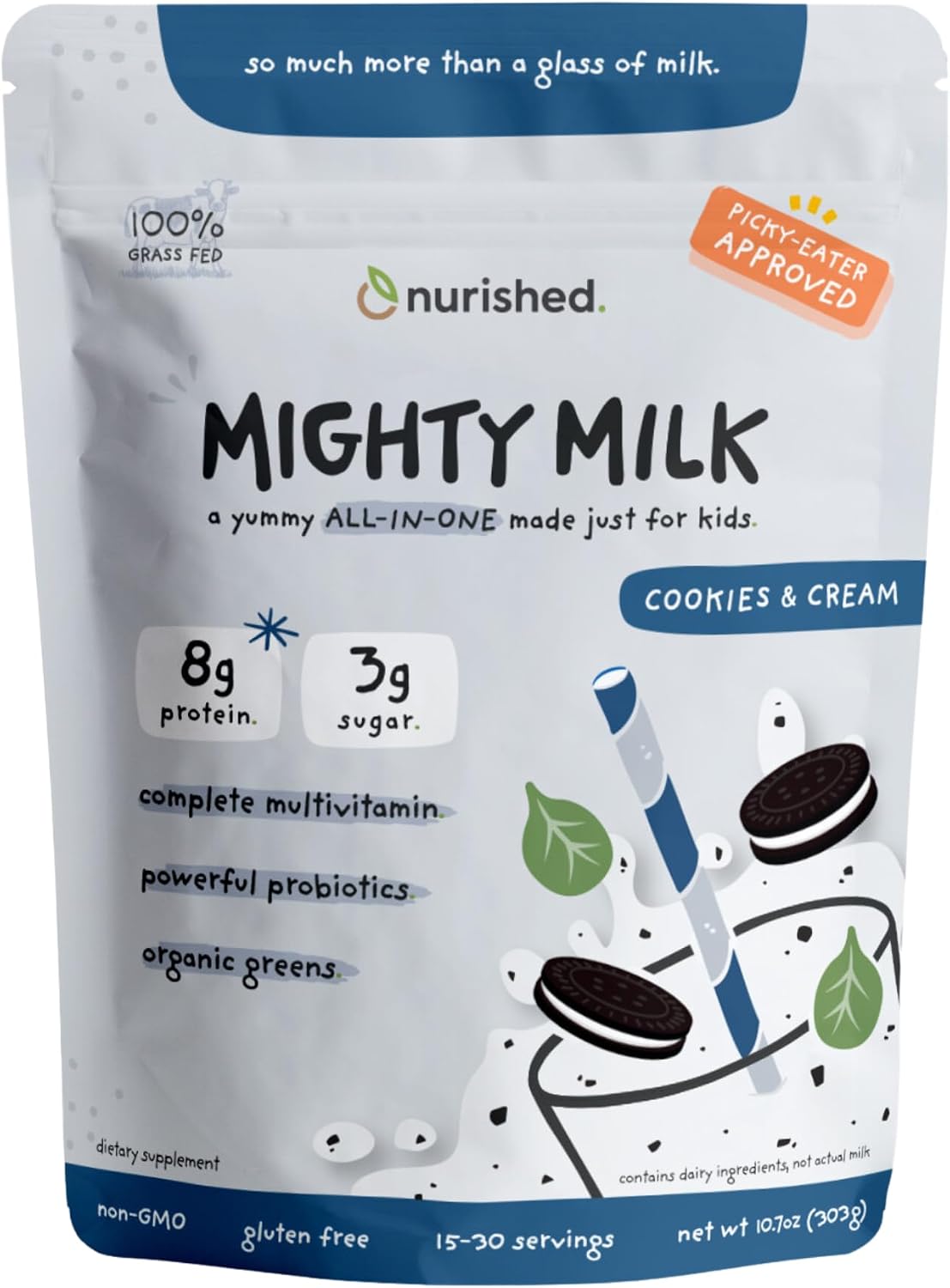 Vanilla Mighty Milk - Proteína en Polvo y Multivitamínico Diario para Niños con Probióticos y Espinacas Orgánicas - 15-30 Servicios
