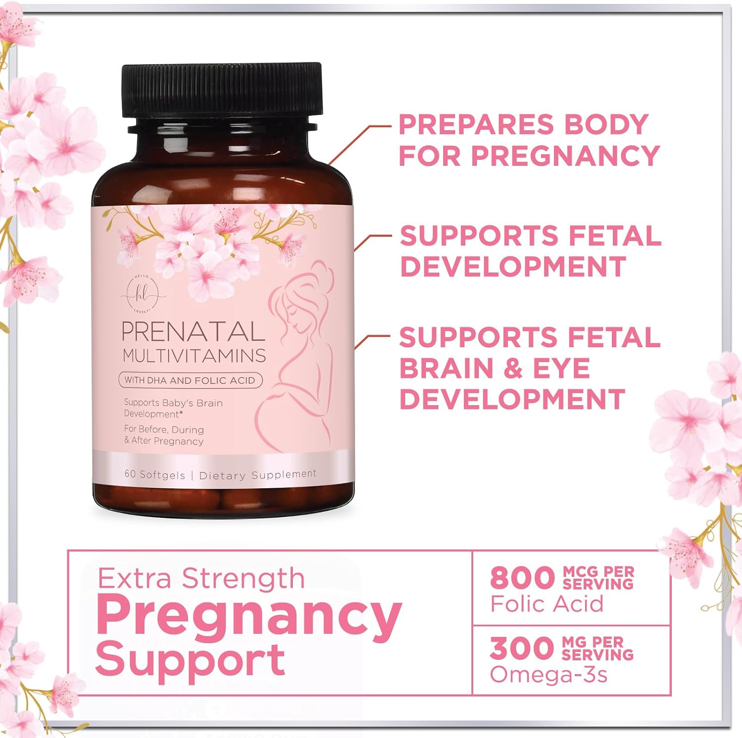 Vitaminas Prenatales con Ácido Fólico + Omega 3 DHA - 60 Cápsulas Blandas