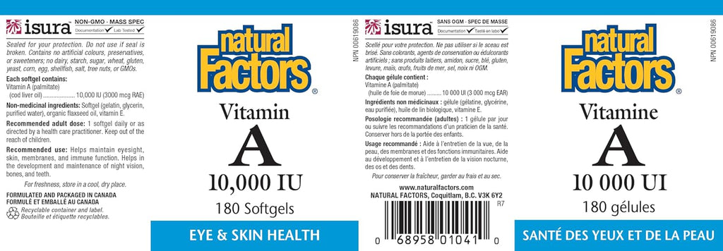 Natural Factors, Vitamina A 10.000 UI, 180 Cápsulas Blandas