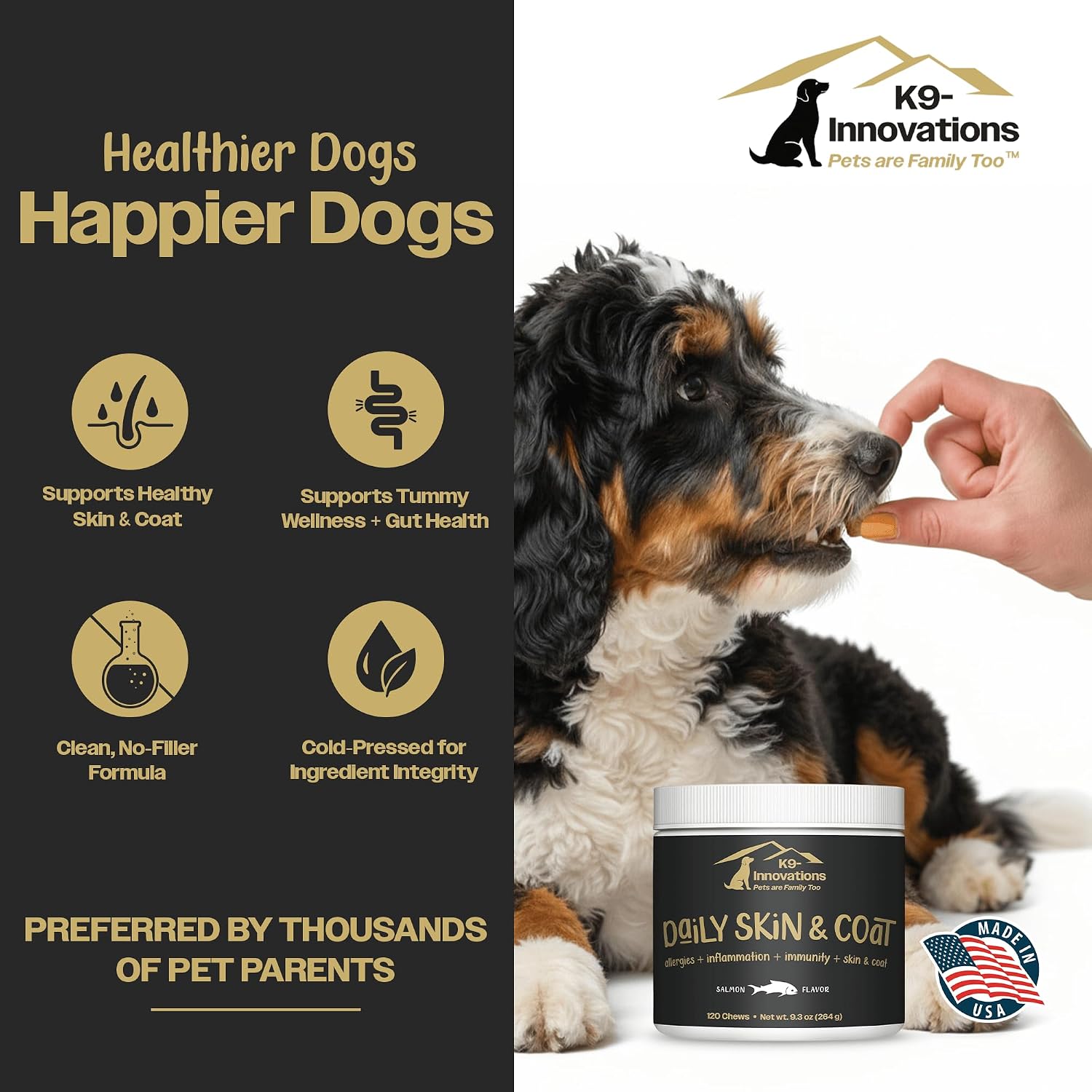 K9-Innovations - Daily Skin & Coat Dog Chews Salmon Flavor - Reduce Itching & Paw Chewing, Omega 3 & VIT C for Skin Health - 1-4 Month Supply (120qty)