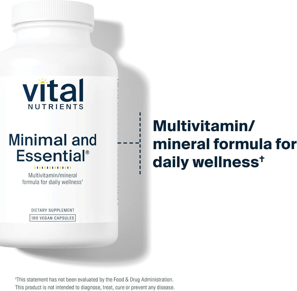 Vital Nutrients Minimal y Essential Multivitamínico - Multivitamina vegetariana de una sola toma diaria con minerales y antioxidantes - Sin hierro - Sin gluten, lácteos, soja - Sin OGM - 180 cápsulas