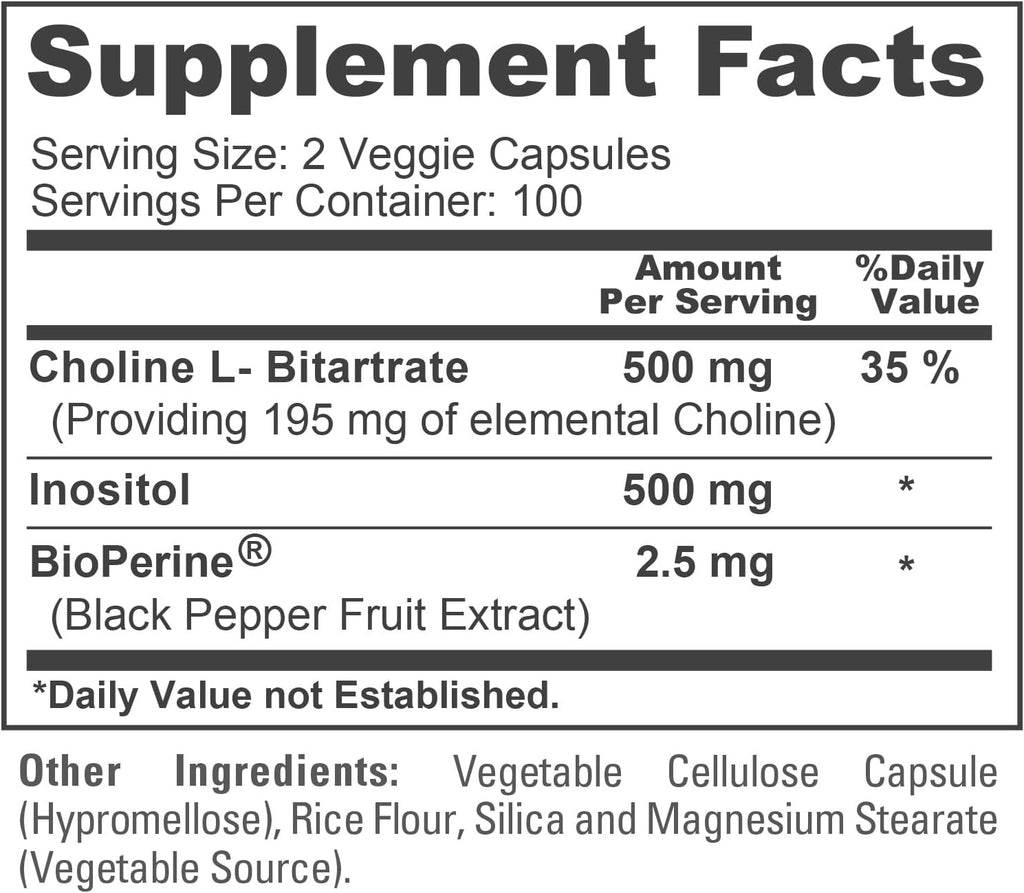 NusaPure Choline & Inositol 1000mg - 200 Cápsulas Vegetales