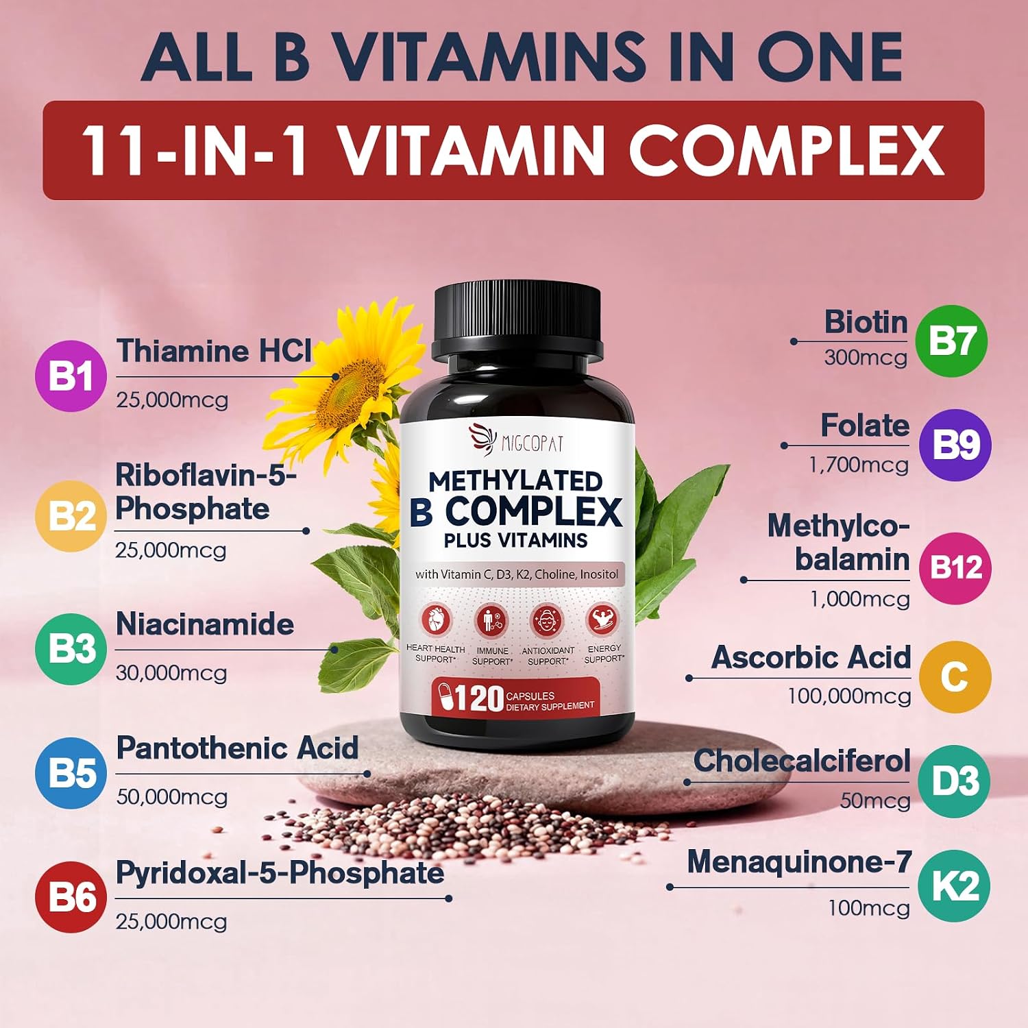 Migcopat Complejo B Metilado 17-en-1, 258,150 mcg Multivitamínico, B12 Metilcobalamina, Metilfolato, Vitamina C, Vitamina D3 K2, CoQ10, Biotina, TMG - 120 Cápsulas