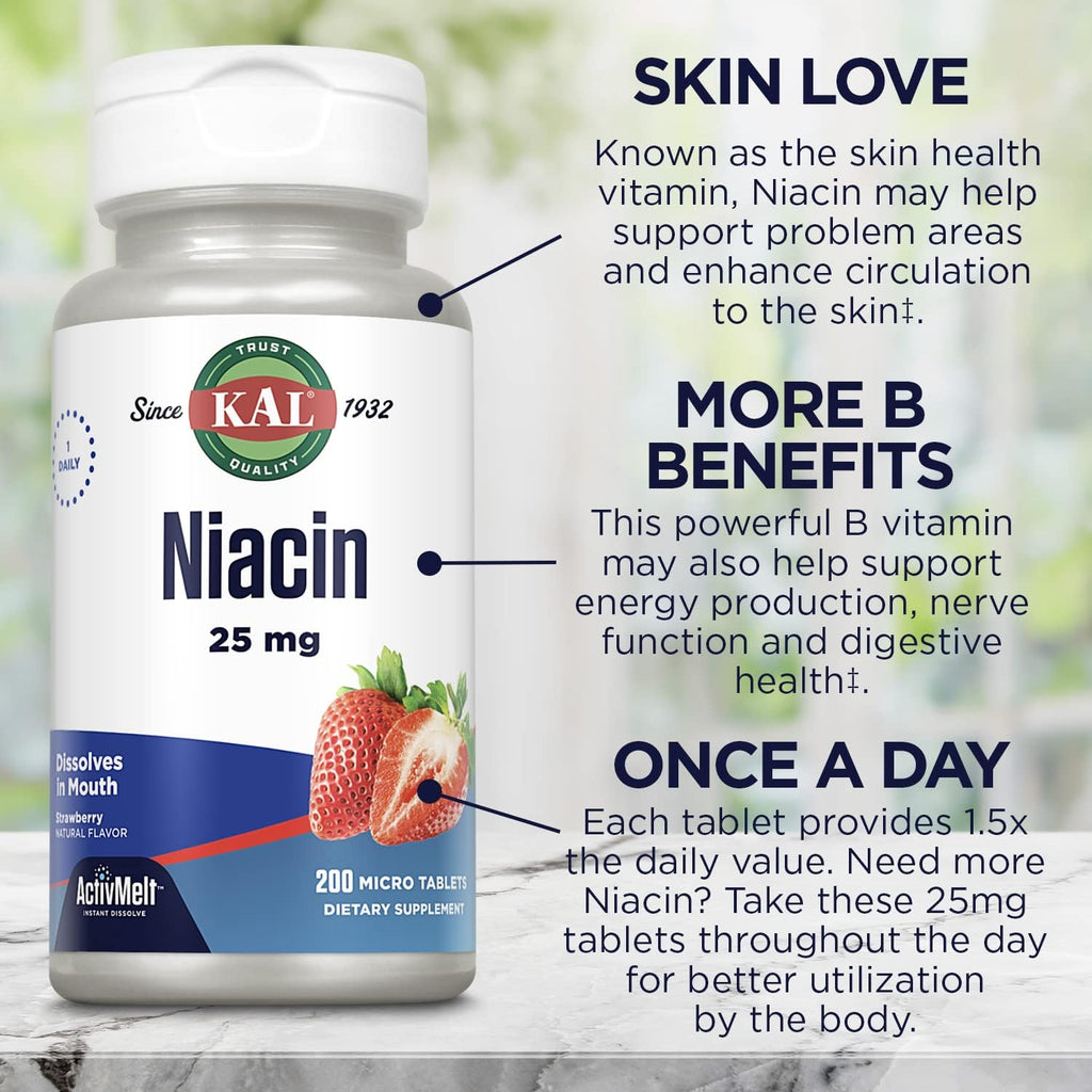 Kal Niacina 25 mg, 200 Comprimidos Sabor Fresa