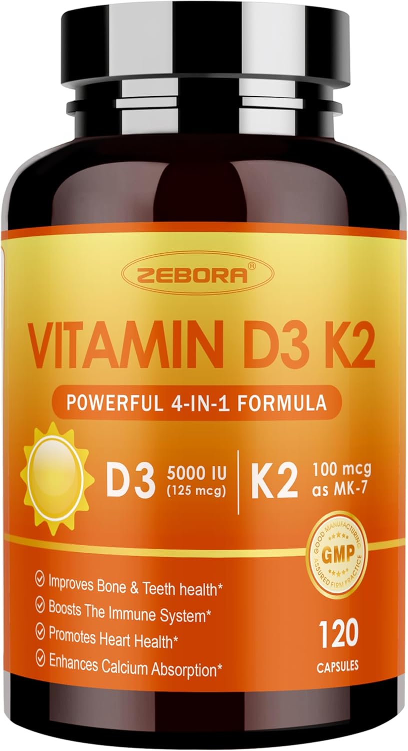 ZEBORA Vitamina D3 K2 con Zinc y Selenio – 5000 UI de D3 y 100 mcg de K2 MK-7 – 120 Cápsulas