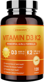 ZEBORA Vitamina D3 K2 con Zinc y Selenio – 5000 UI de D3 y 100 mcg de K2 MK-7 – 120 Cápsulas