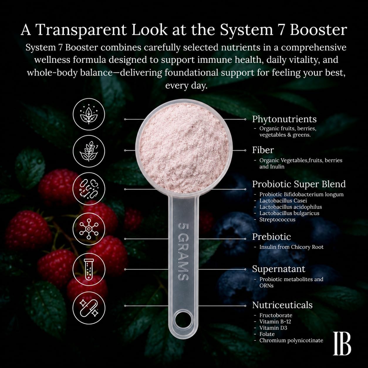 BioImmersion No 7 Systemic Booster – Mezcla Orgánica de Fitonutrientes, Probióticos y Micronutrientes – 150g en Polvo