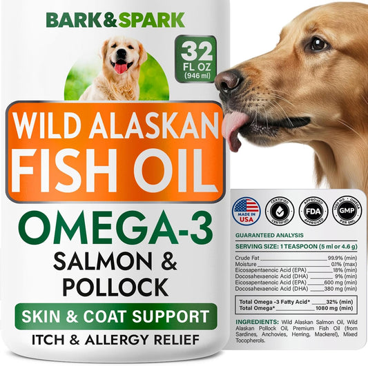 Bark&Spark Aceite de Pescado para Perros - Omega 3 Natural - Apoyo para Piel y Pelaje - Suplemento Líquido para Mascotas - 946 ml (Salmon)