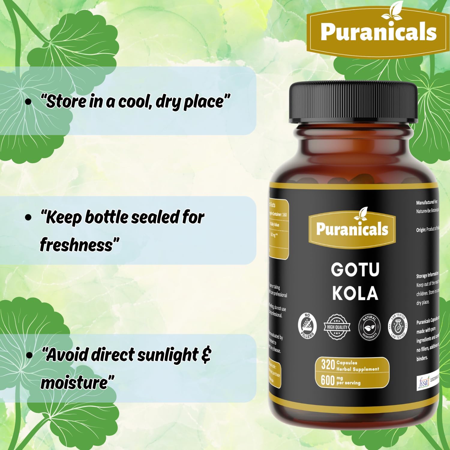Gotu Kola Premium 320 Cápsulas No OGM y Sin Gluten | Suplemento Herbario | 600 mg Por Ración | Hecho con Polvo de Gotu Kola 100% Puro