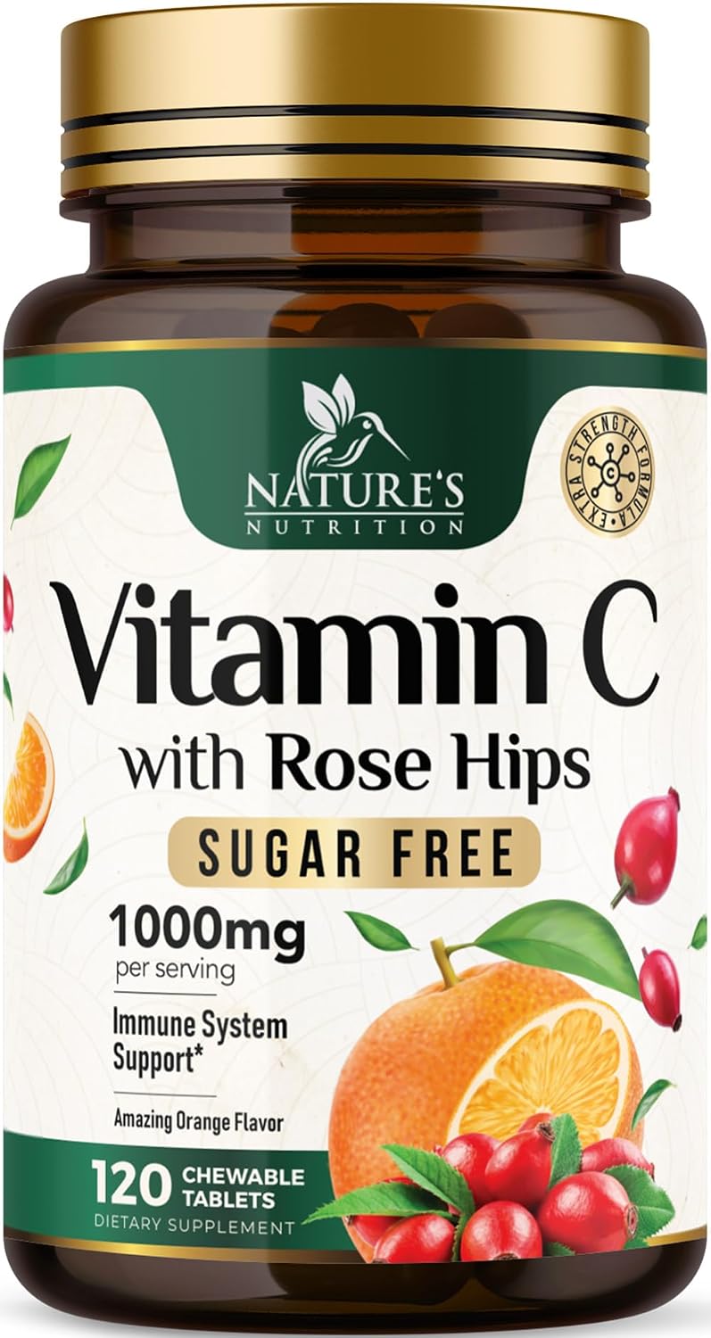 Vitamina C 1000 mg Masticable sin Azúcar con Escaramujo - 120 Comprimidos - Nature's Nutrition
