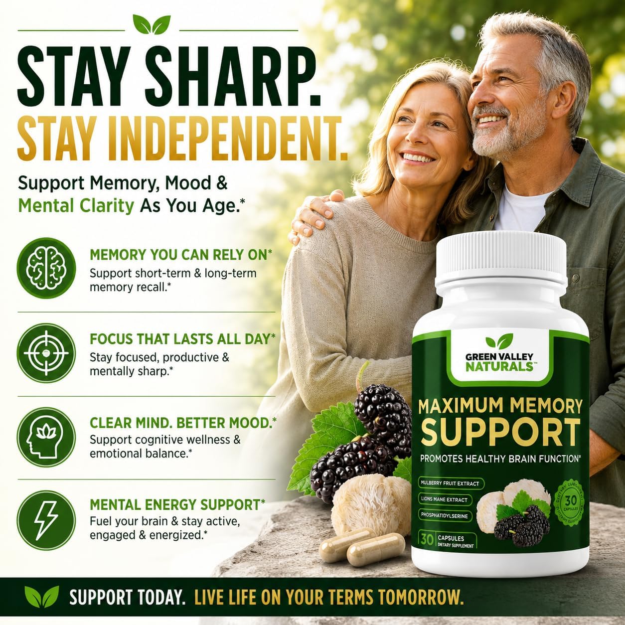 Green Valley Naturals Maximum Memory Support - Suplemento Cognitivo con Lion's Mane, Mulberry, Phosphatidylserine y Vitaminas B Metiladas - 30 Cápsulas