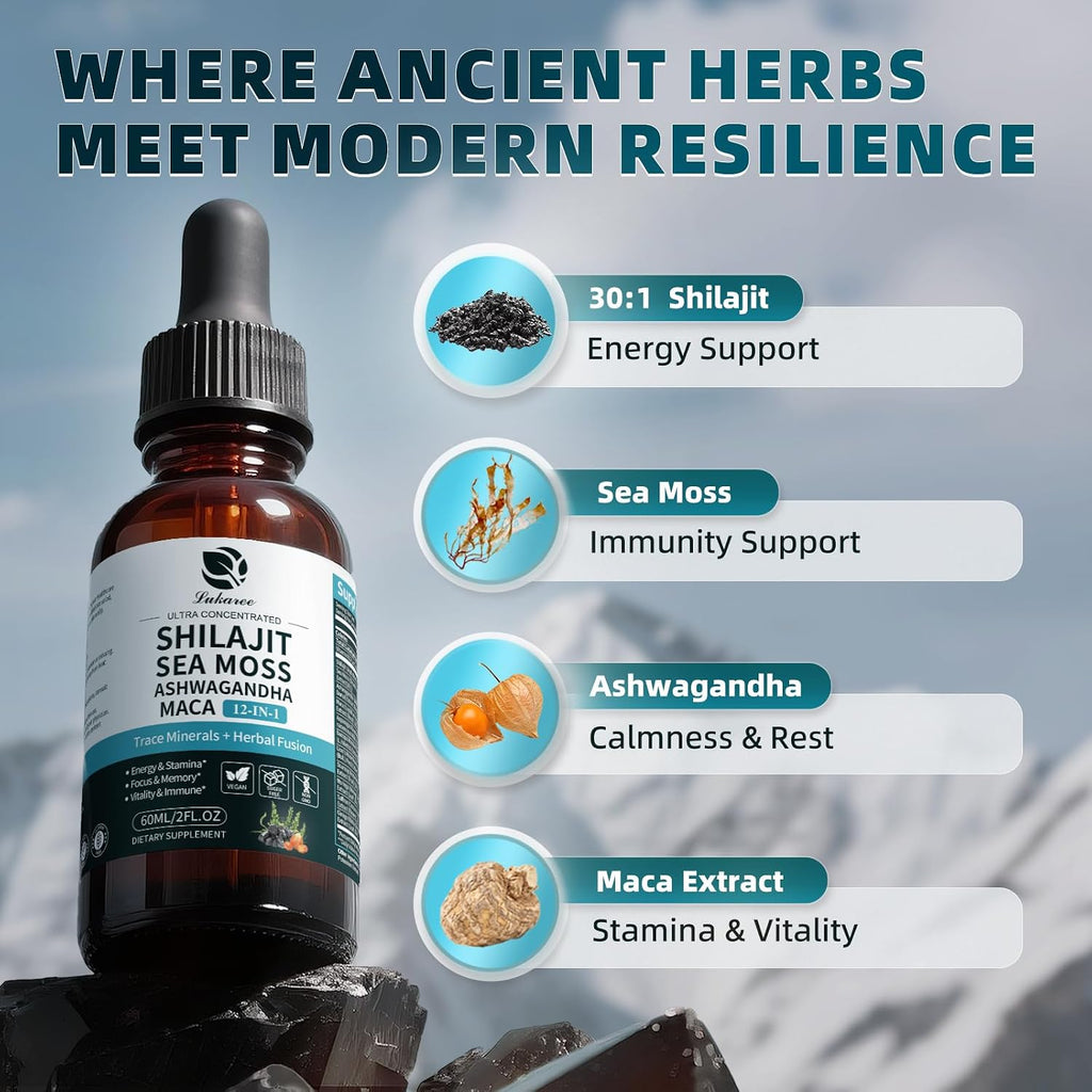 Shilajit Líquido Gotas, Complejo 12 en 1 - Musgo Marino, Ashwagandha, Maca, Ácido Fúlvico, Minerales Traza, Vitaminas Líquidas para Hombres y Mujeres, Energía, Antioxidante, Apoyo Inmunológico, 60ml