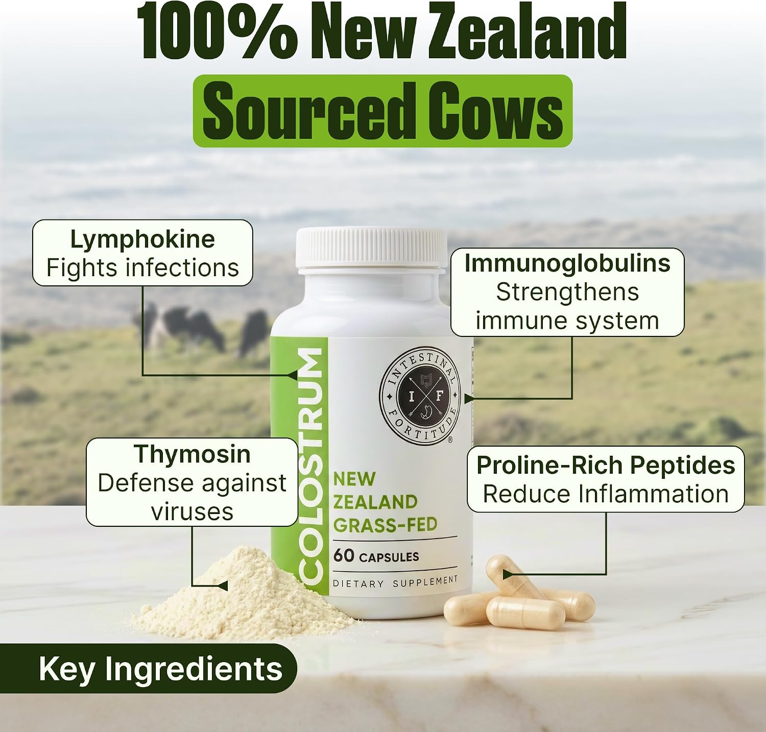 Intestinal Fortitude Calostro de Vaca 100% de Pasto – Cápsulas de 500 mg, 60 Unidades