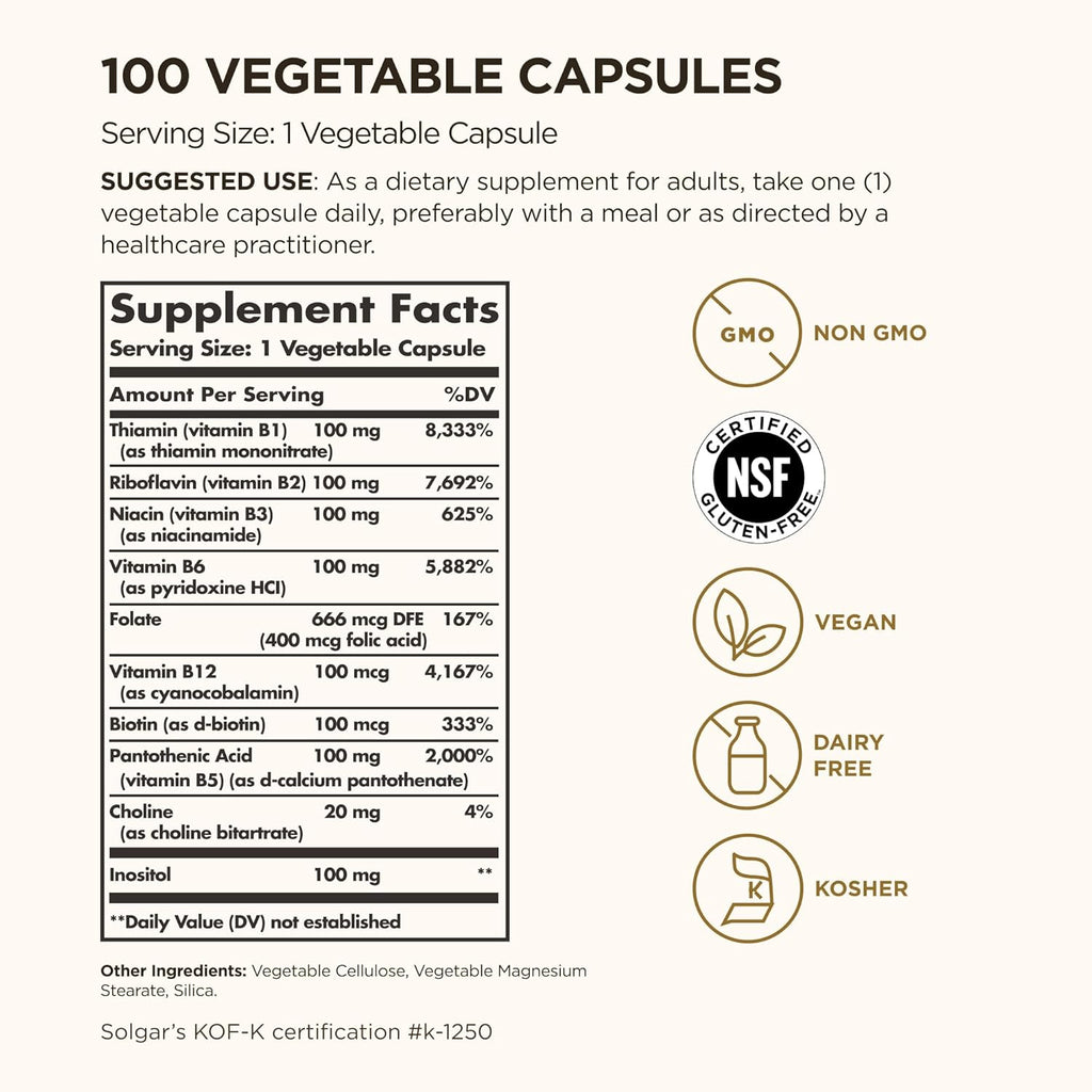 Solgar B-Complex '100' - 100 Cápsulas Vegetales - Apoyo al Metabolismo Energético y Sistema Nervioso - Sin Gluten, Vegano, Sin Soja