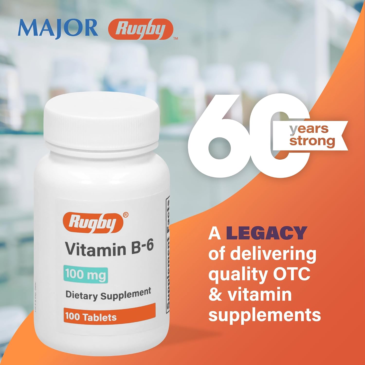 Rugby Vitamin B-6 Tablets - 100mg de Vitamina B6 - Suplemento Alimenticio - 100 Comprimidos