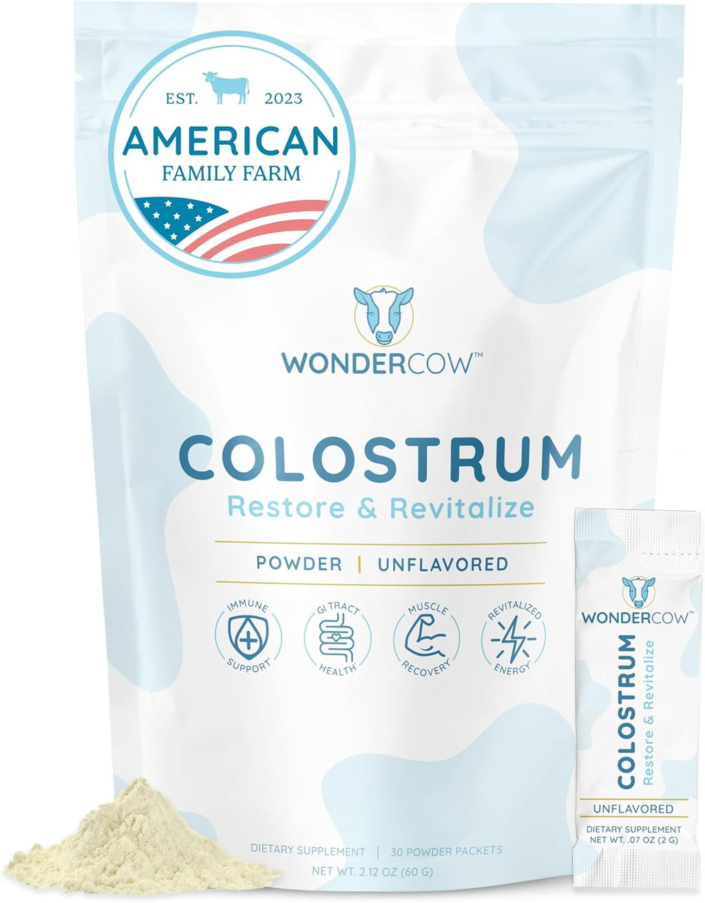 WONDERCOW Colostro en Polvo – Suplemento de Colostro Bovino Entero, Sin Sabor, 30 Dosis