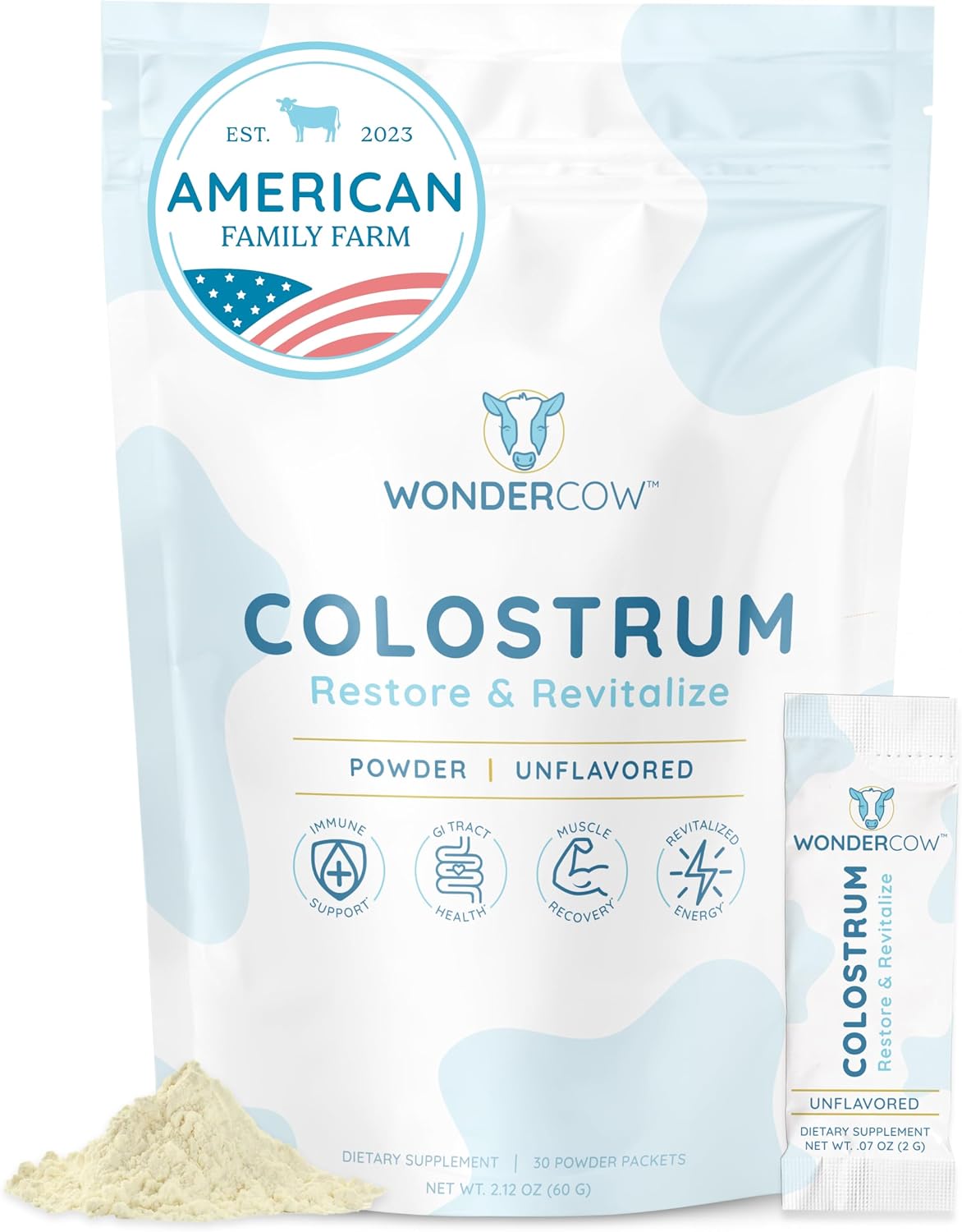 WONDERCOW Colostro en Polvo – Suplemento de Colostro Bovino Entero, Sin Sabor, 30 Dosis