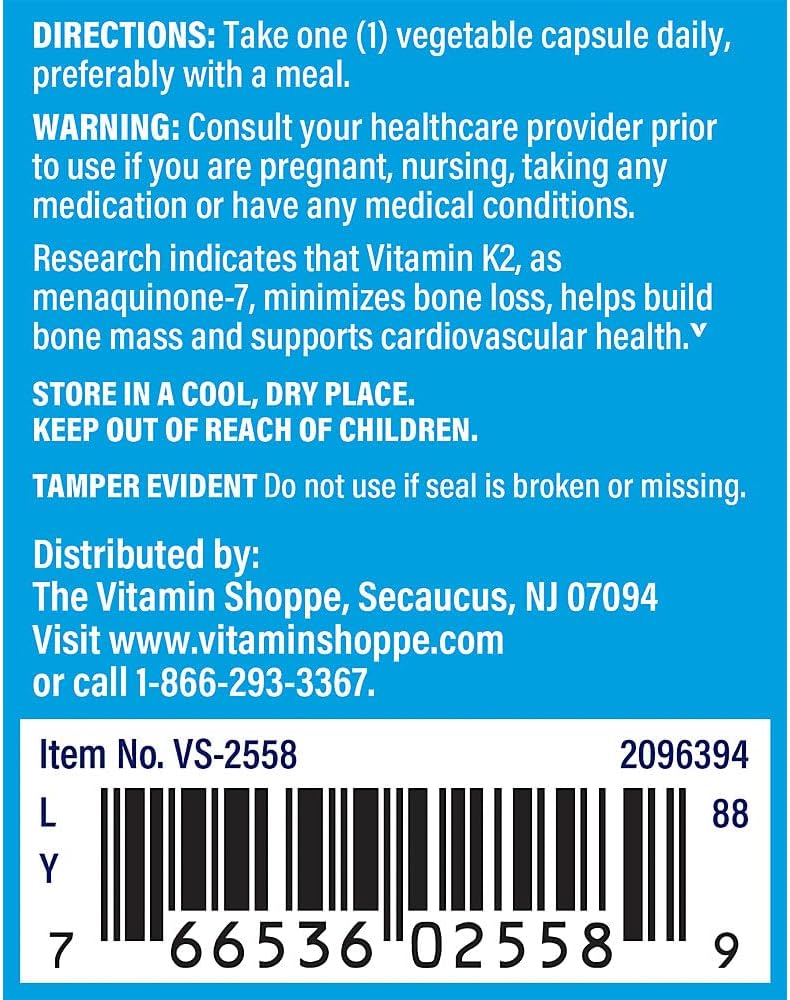 The Vitamin Shoppe Vitamina K2 MK-7 100 mcg - 60 Cápsulas Veganas