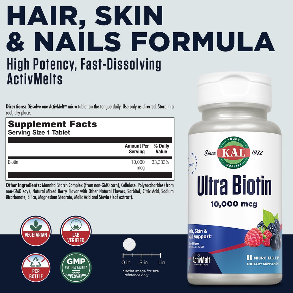 KAL Ultra Biotina 10000mcg - 60 Microtabletas de Biotina con Sabor Natural a Bayas