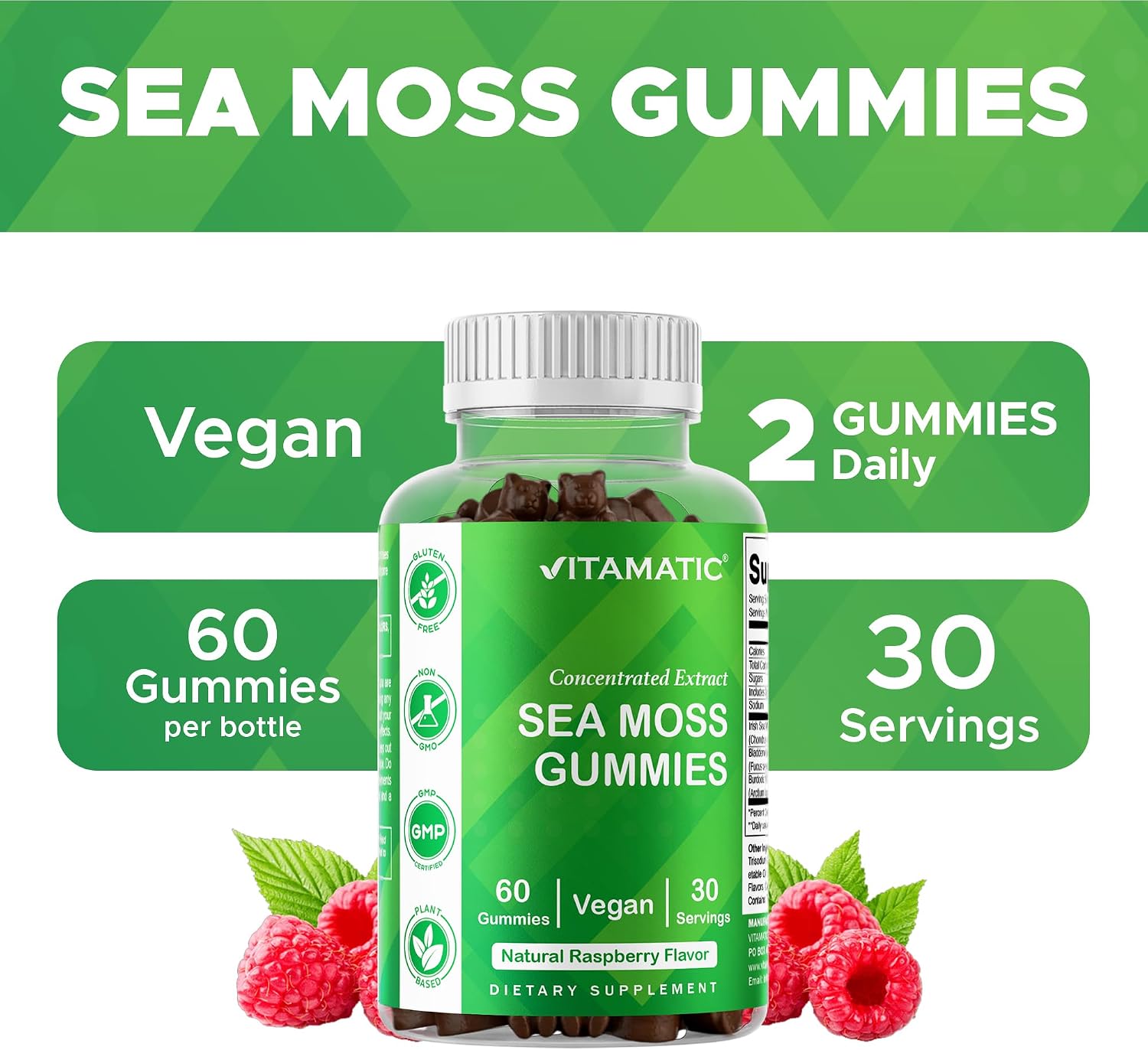 Vitamatic Irish Sea Moss Gummies con Bladderwrack y Burdock Root - 120 Gomitas - Vegano y sin OGM
