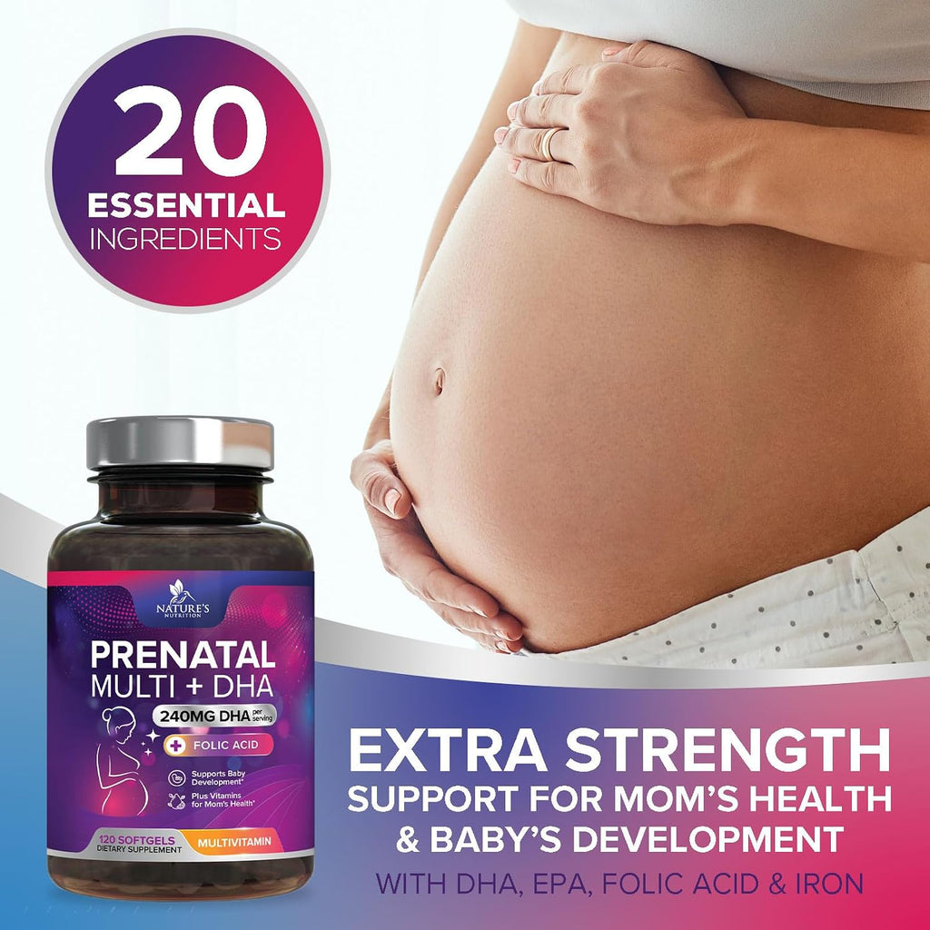Vitaminas Prenatales con Ácido Fólico + Omega 3 DHA para el Desarrollo Fetal - 120 Cápsulas Blandas