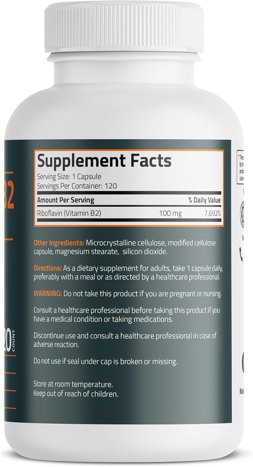 Bronson Vitamin B2 100mg Non-GMO, 120 Vegetarian Capsules