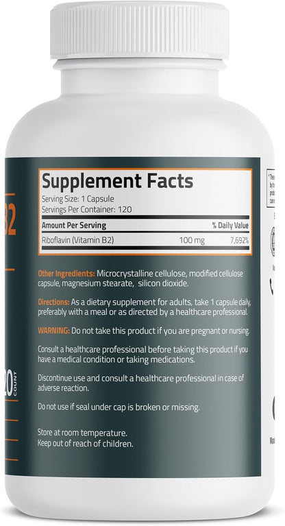 Bronson Vitamin B2 100mg Non-GMO, 120 – Funcionamiento normal del sistema nervioso: Apoya la transmisión nerviosa – Image 2