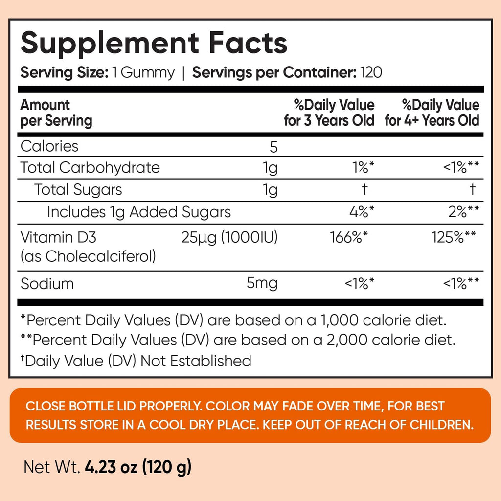 maxmedix Kids Vitamin D3 1000IU | 120 Gominolas de Vitamina D para Niños | Sabor Naranja Natural | Bajo en Azúcar | Sin Gluten | 4 Meses de Suministro
