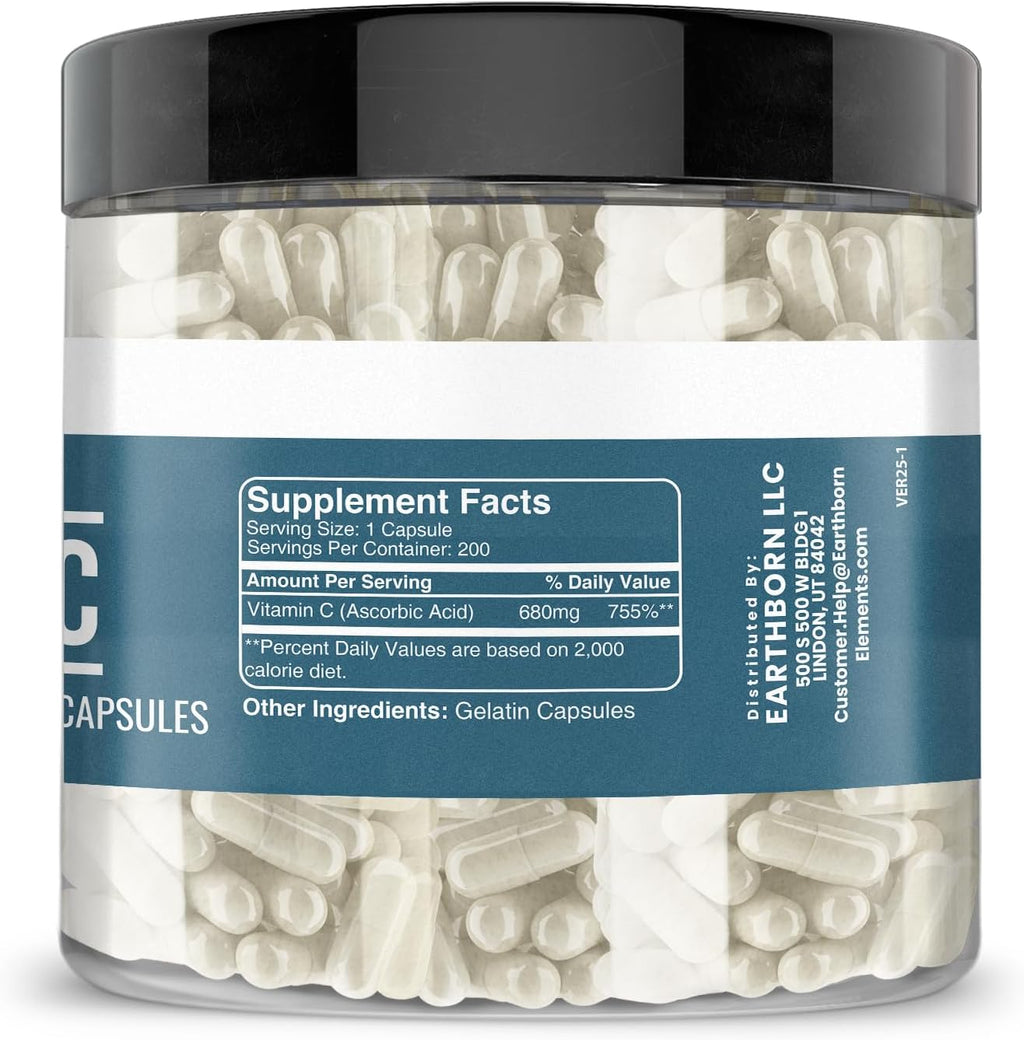 Earthborn Elements Vitamina C 200 Cápsulas, Pura y Sin Diluir, Sin Aditivos