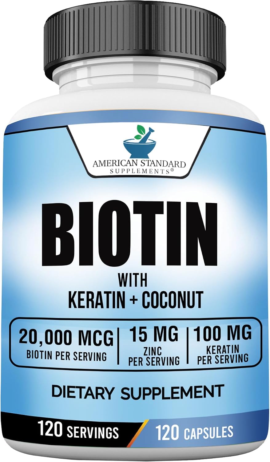 American Standard Supplements Biotina 20.000 mcg con Keratina y Zinc, 120 Cápsulas Veganas