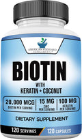 American Standard Supplements Biotina 20.000 mcg con Keratina y Zinc, 120 Cápsulas Veganas
